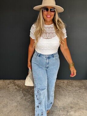 Blakely Light Blue Lace-Panel Wide Leg Jeans - Women